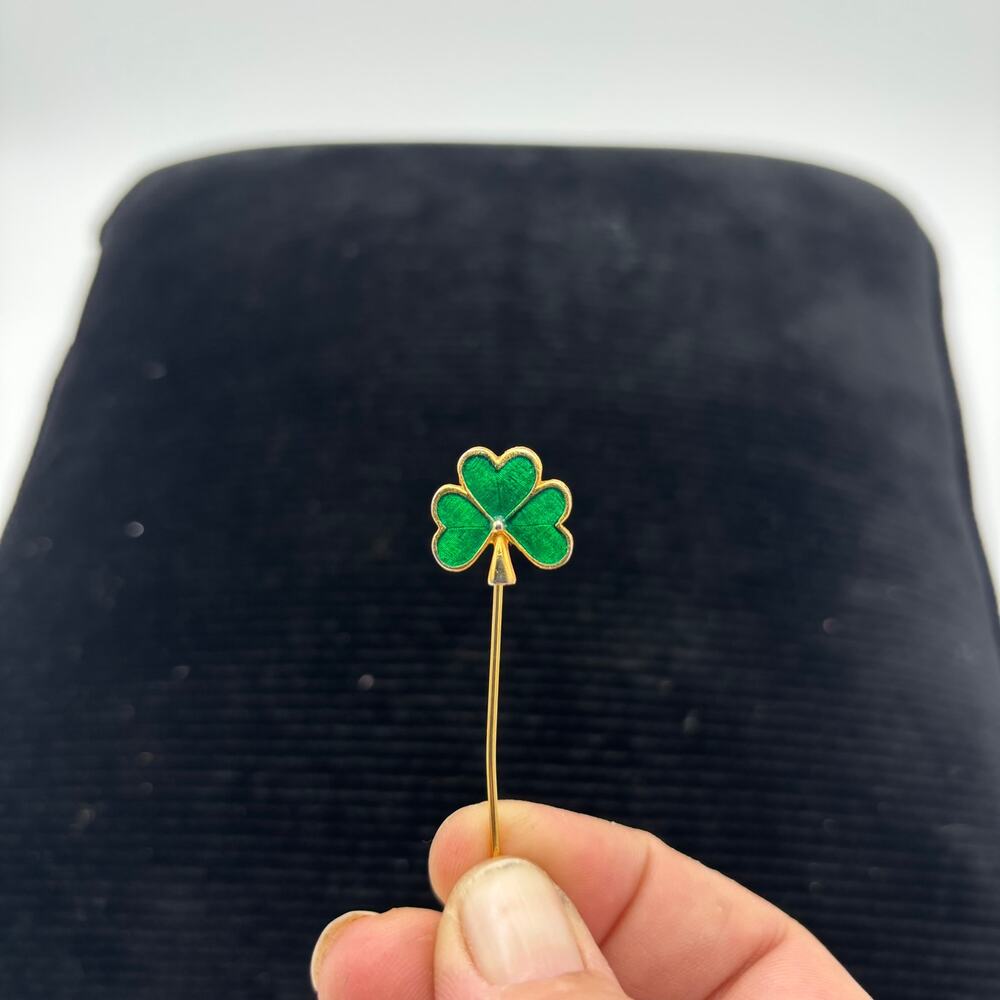 Vintage Monet Green Shamrock Clover Stick Pin Gold Enamel Signed Irish